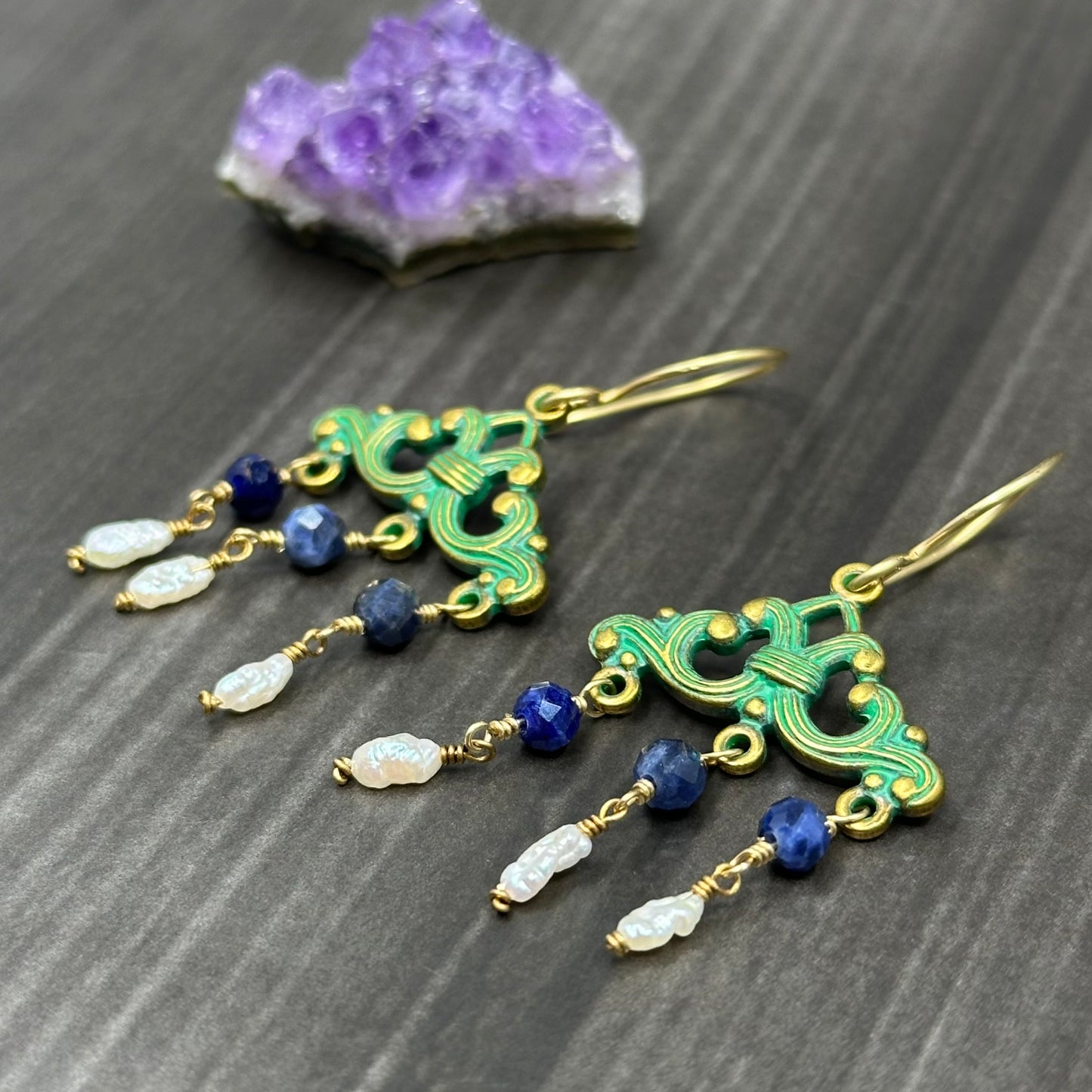Brass, Pearl, and Sodalite Chandelier Earrings