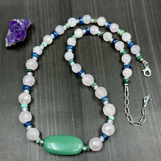 Rose Quartz, Kyanite, and Emerald necklace in Sterling Silver