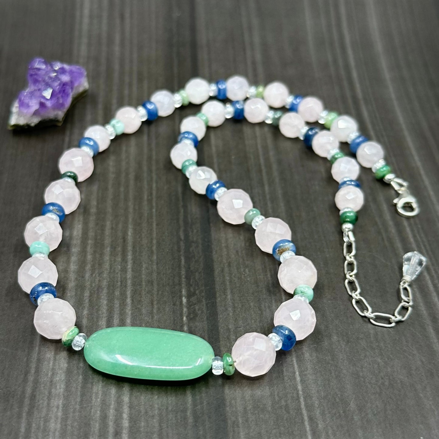 Rose Quartz, Kyanite, and Emerald necklace in Sterling Silver