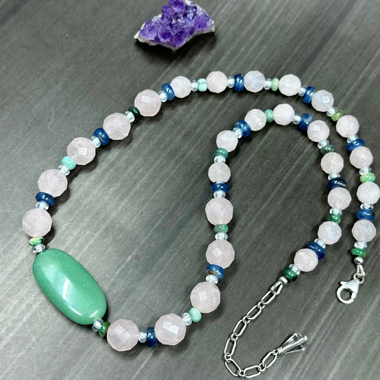 Rose Quartz, Kyanite, and Emerald necklace in Sterling Silver