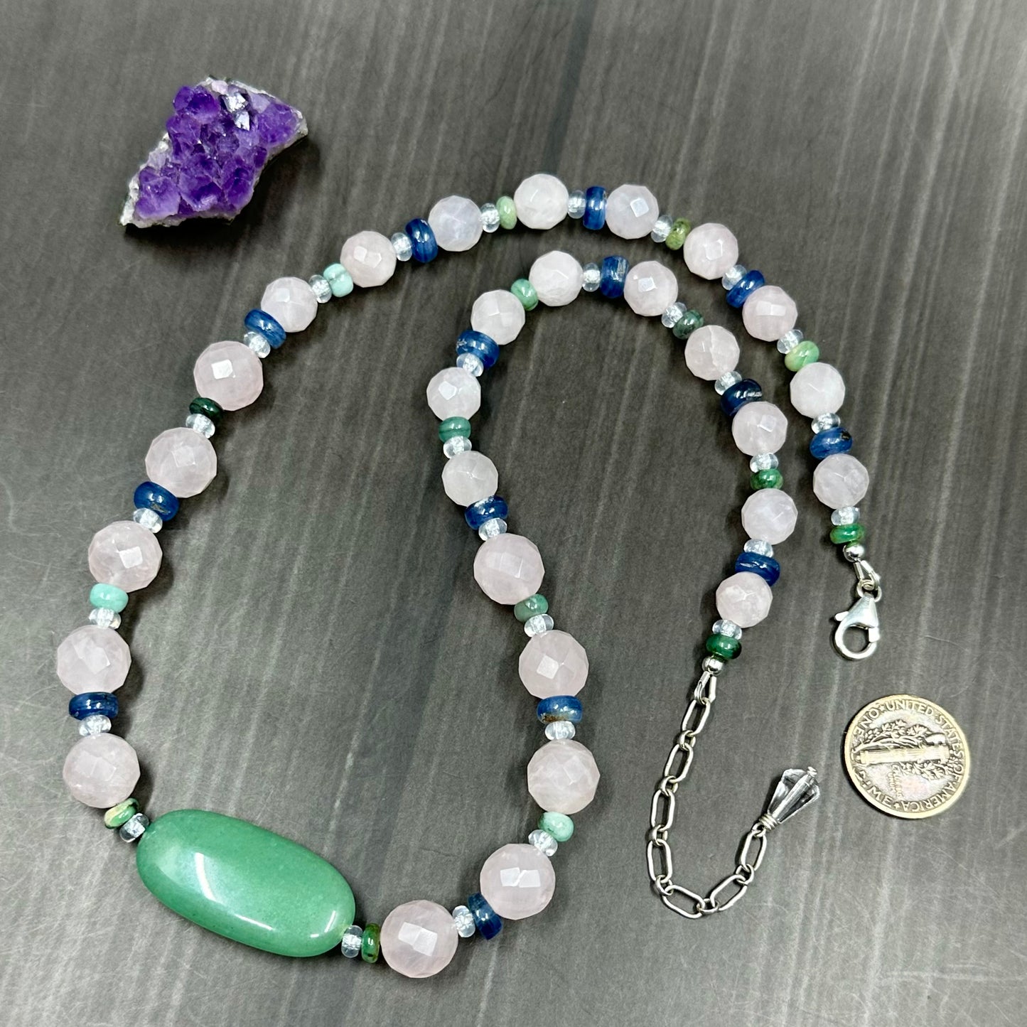 Rose Quartz, Kyanite, and Emerald necklace in Sterling Silver