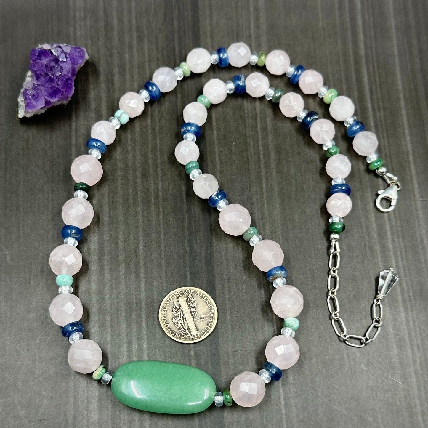 Rose Quartz, Kyanite, and Emerald necklace in Sterling Silver