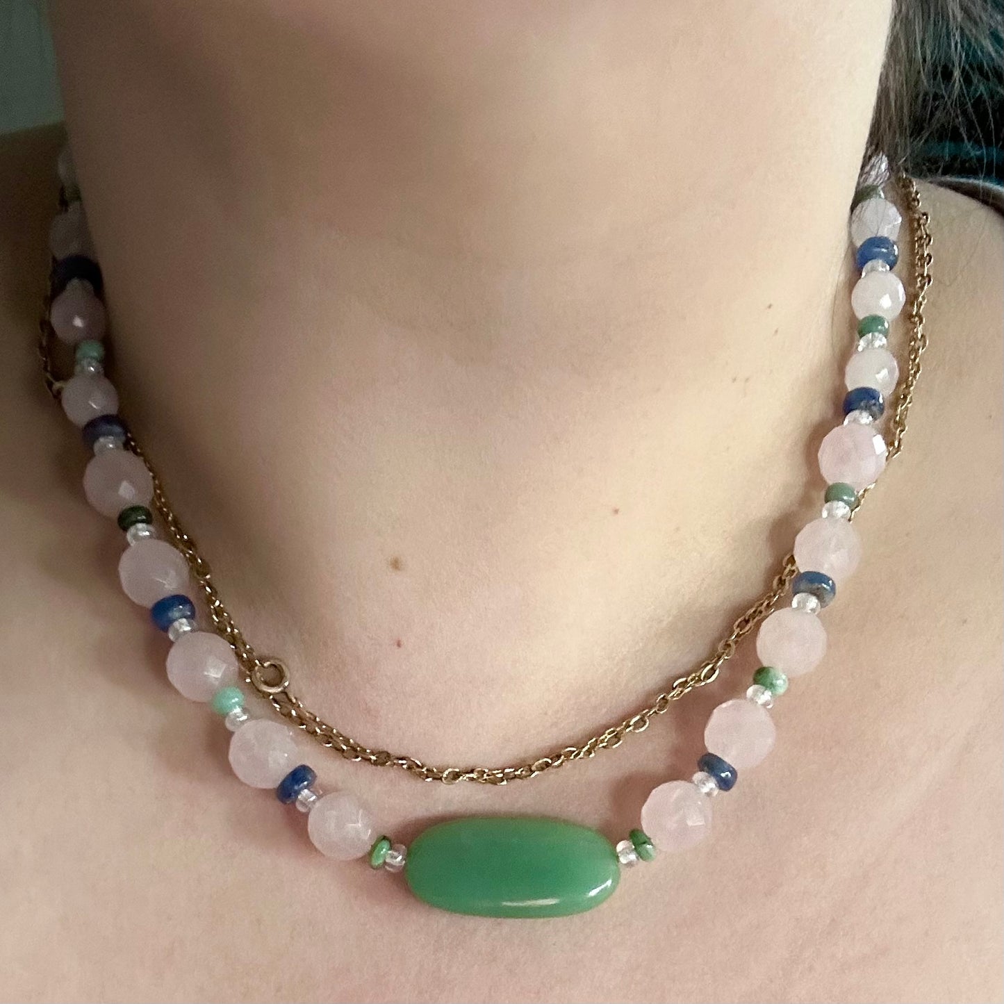 Rose Quartz, Kyanite, and Emerald necklace in Sterling Silver