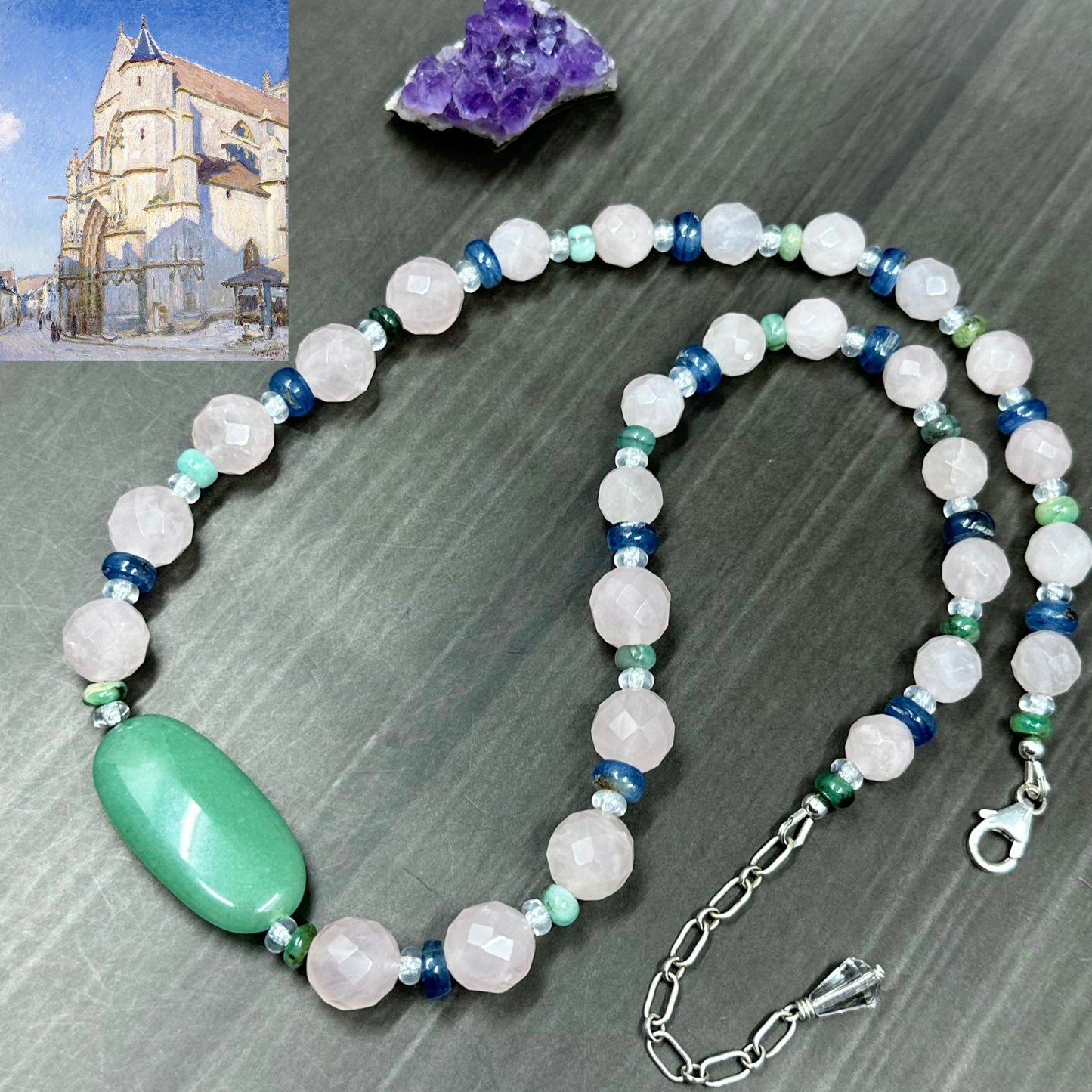 Rose Quartz, Kyanite, and Emerald necklace in Sterling Silver