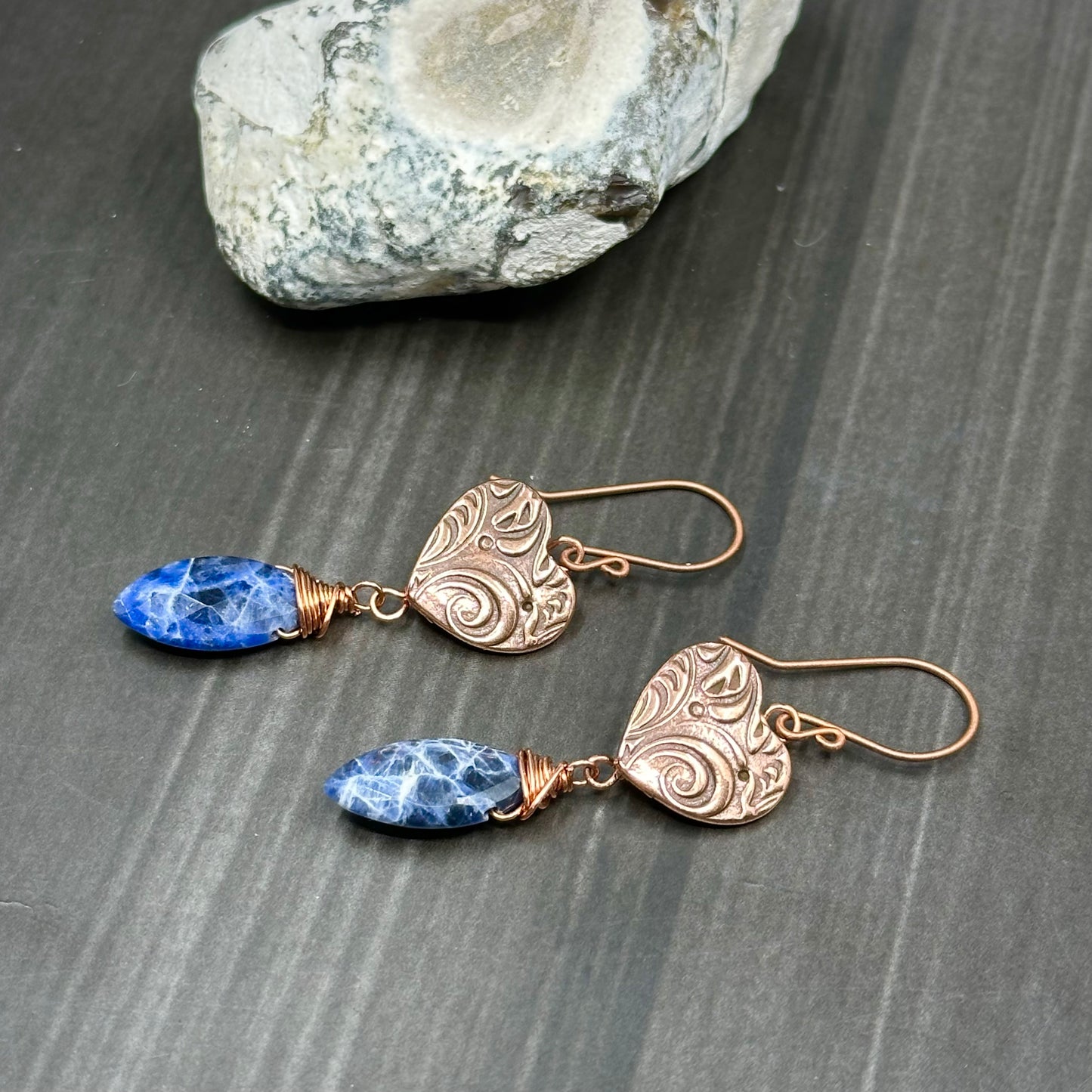 Button Heart and Sodalite, Pewter and Copper Earrings