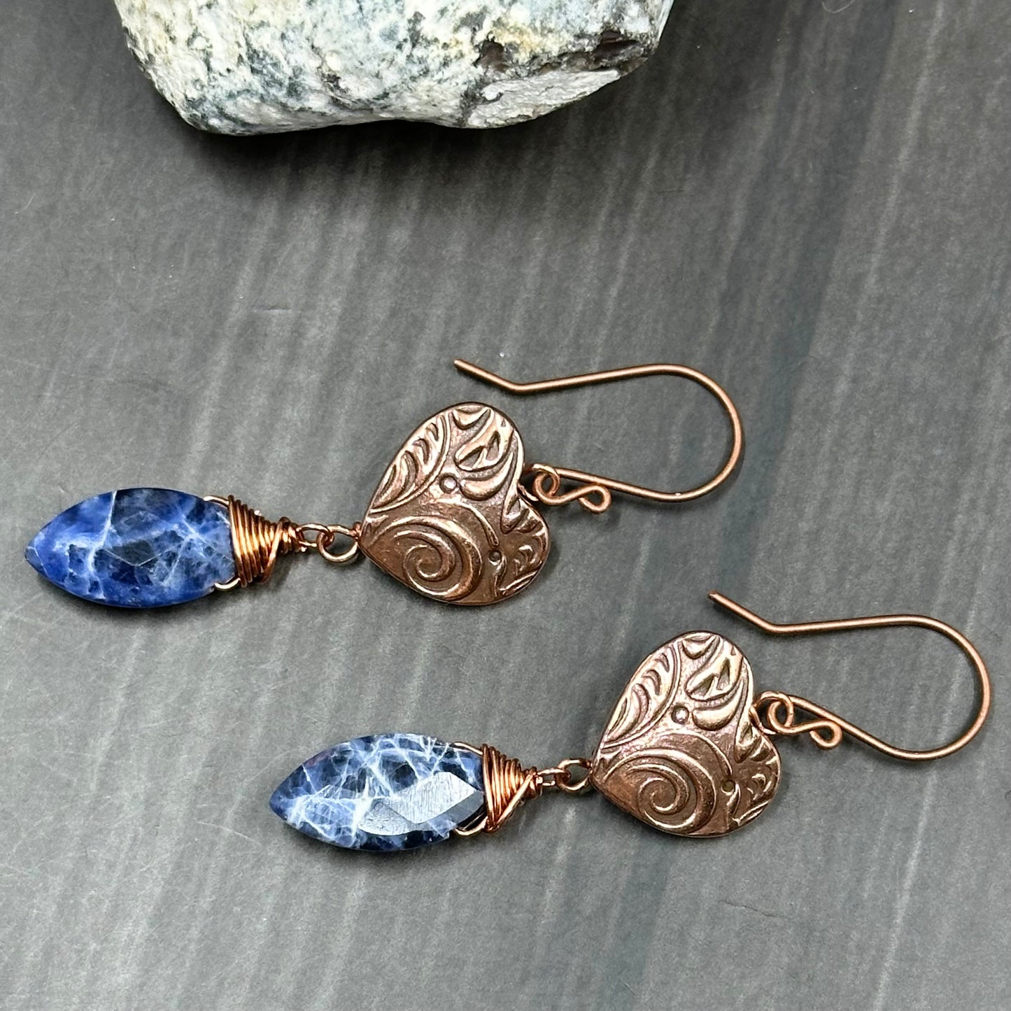 Button Heart and Sodalite, Pewter and Copper Earrings