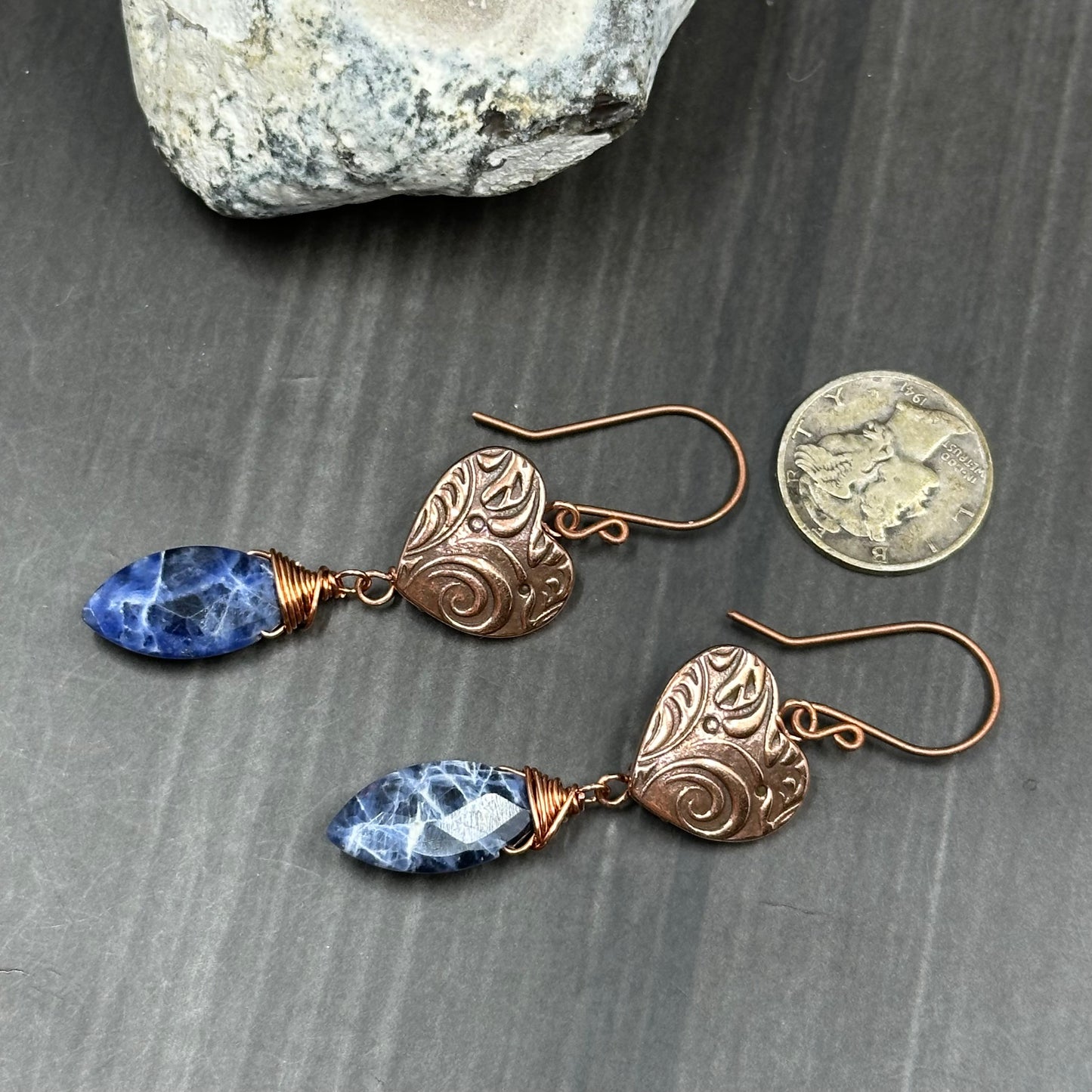 Button Heart and Sodalite, Pewter and Copper Earrings