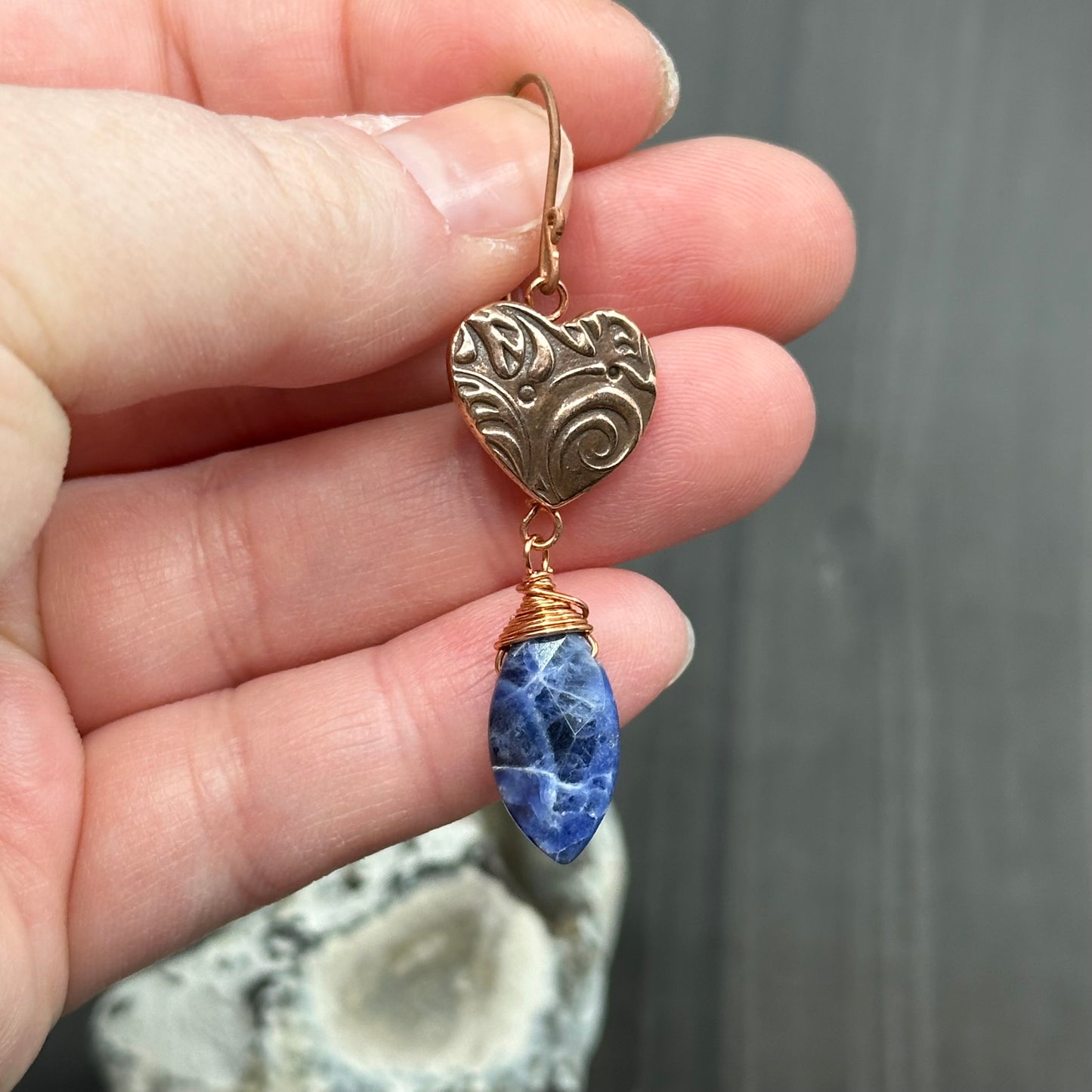 Button Heart and Sodalite, Pewter and Copper Earrings