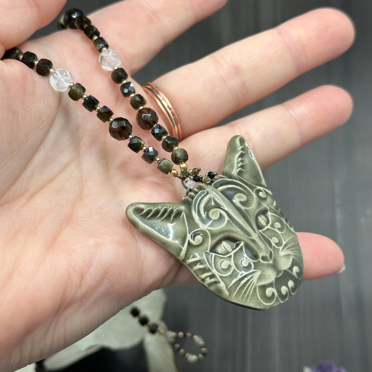 Ceramic Cat Necklace with Golden Obsidian, Smoky Quartz, Quartz, and Praisolite