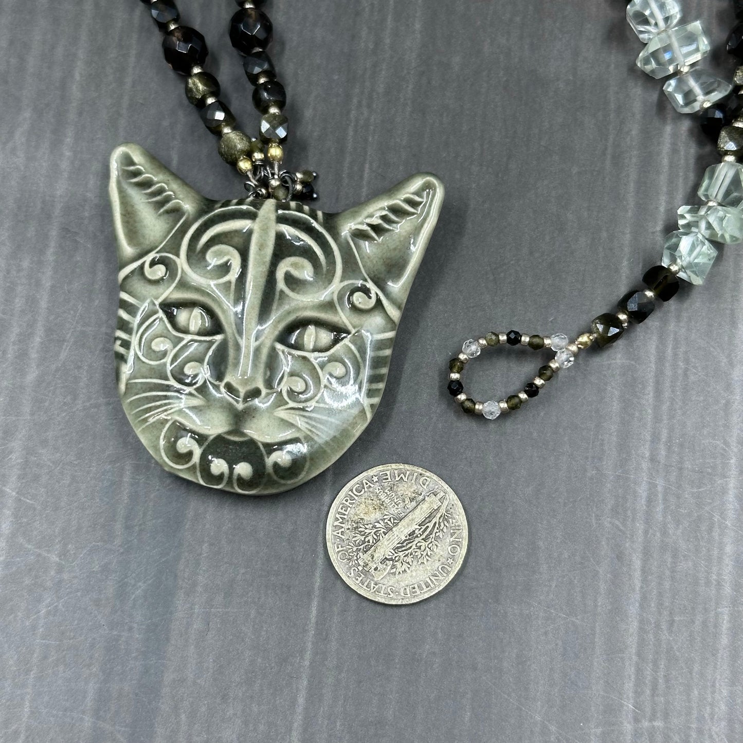 Ceramic Cat Necklace with Golden Obsidian, Smoky Quartz, Quartz, and Praisolite