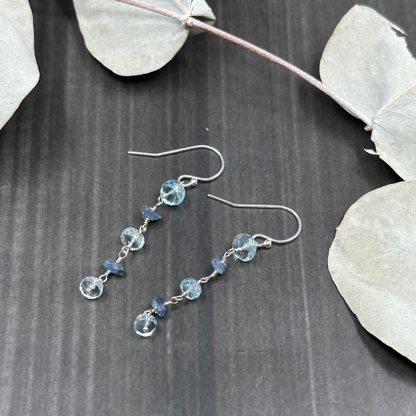 Aquamarine, Sapphire, and Sterling Silver Earrings