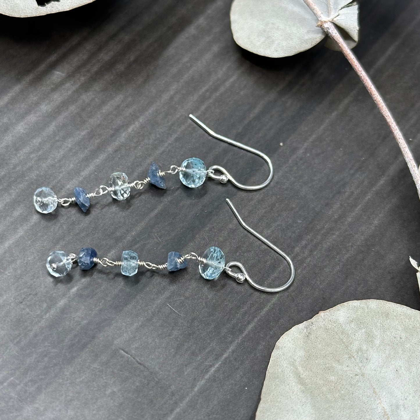 Aquamarine, Sapphire, and Sterling Silver Earrings