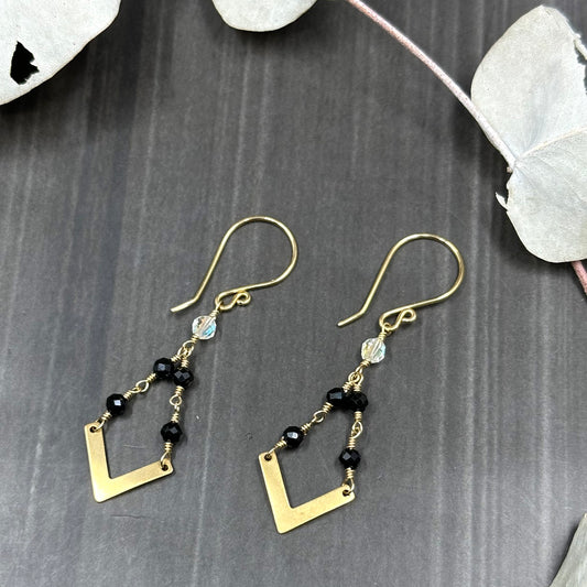Brass, tourmaline, and crystal Earrings