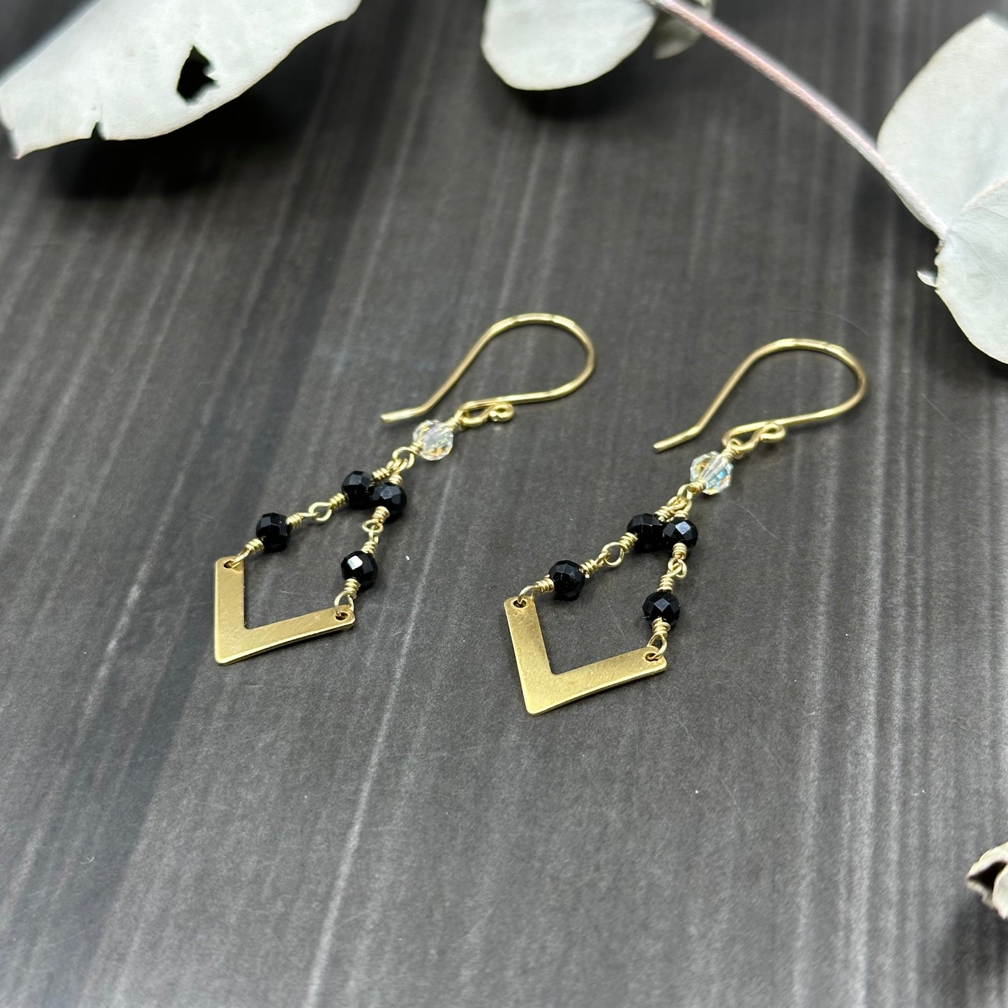 Brass, tourmaline, and crystal Earrings