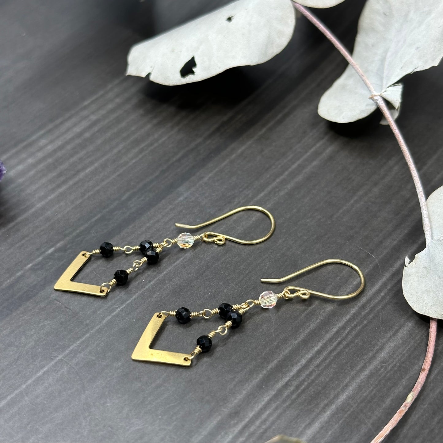 Brass, tourmaline, and crystal Earrings