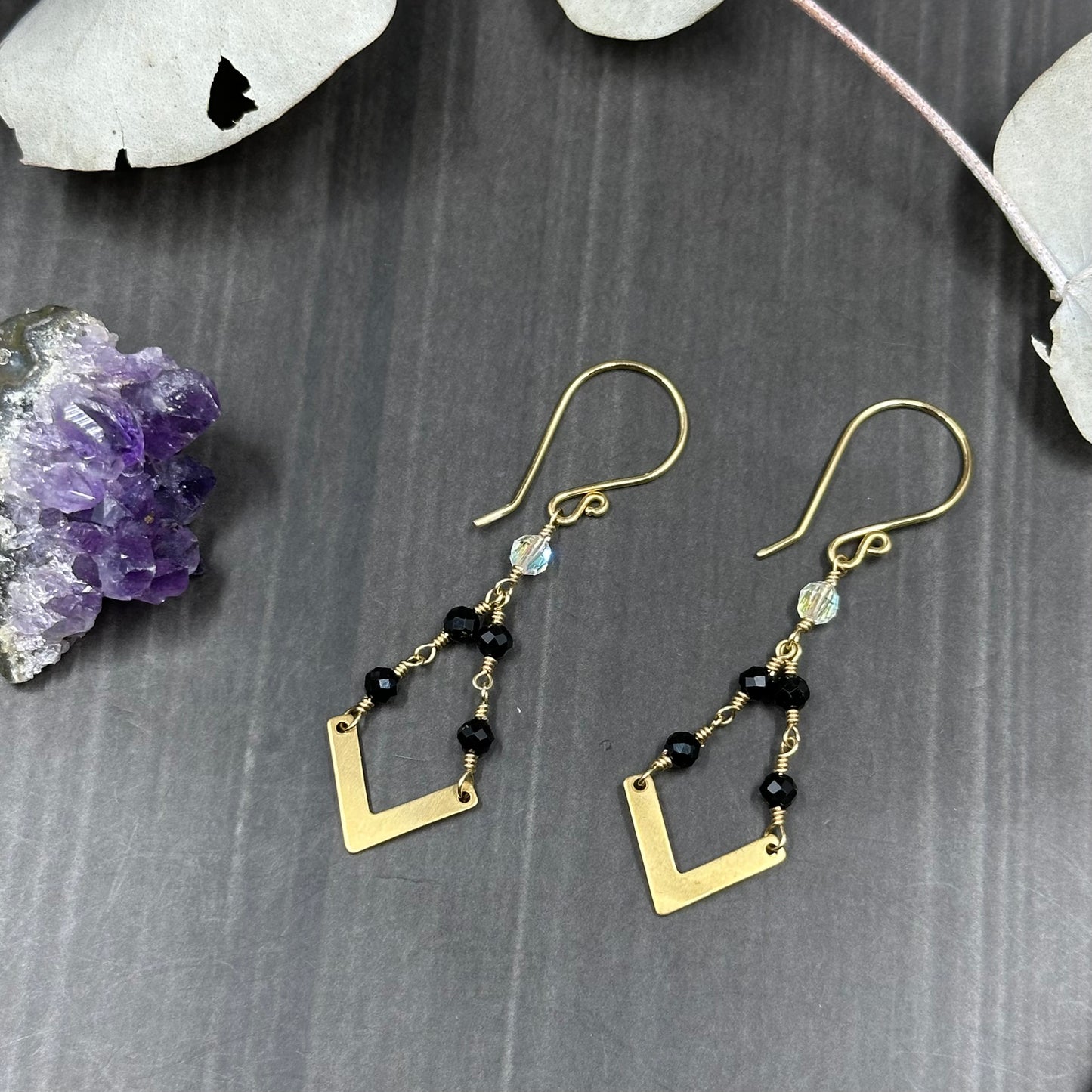 Brass, tourmaline, and crystal Earrings