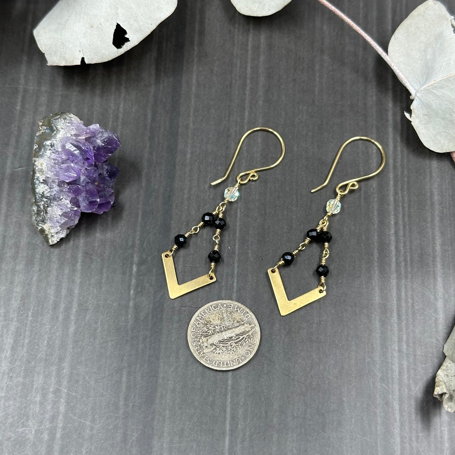 Brass, tourmaline, and crystal Earrings