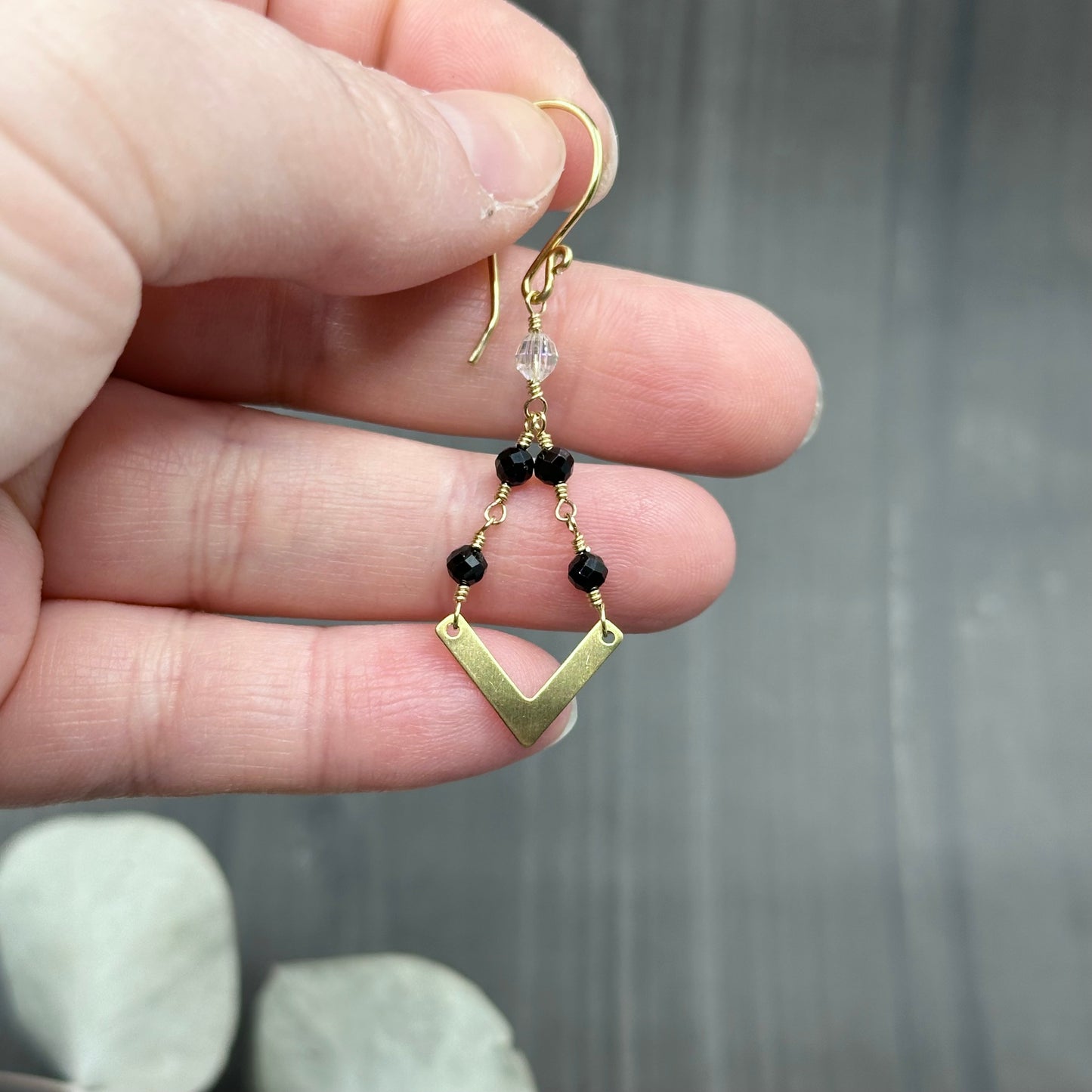 Brass, tourmaline, and crystal Earrings