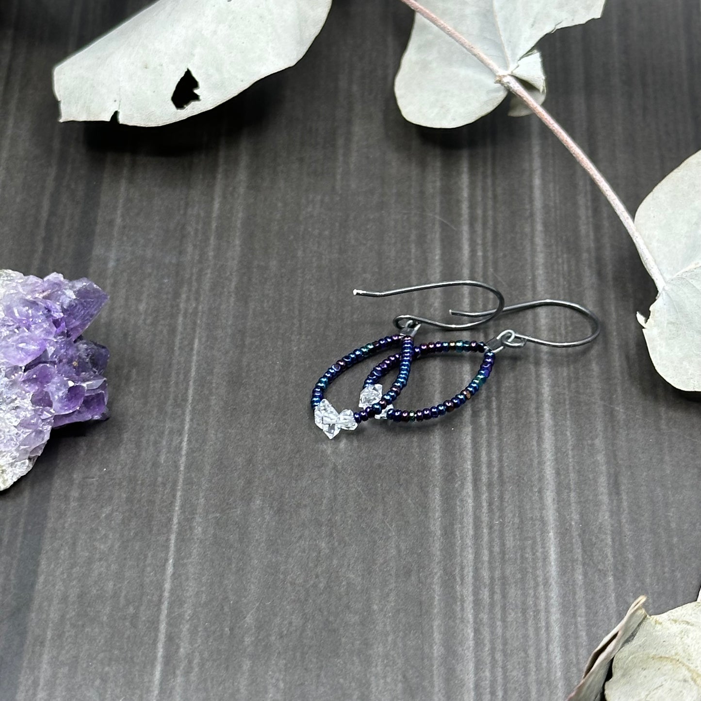 Vintage glass and Quartz Diamond Earrings in Sterling Silver