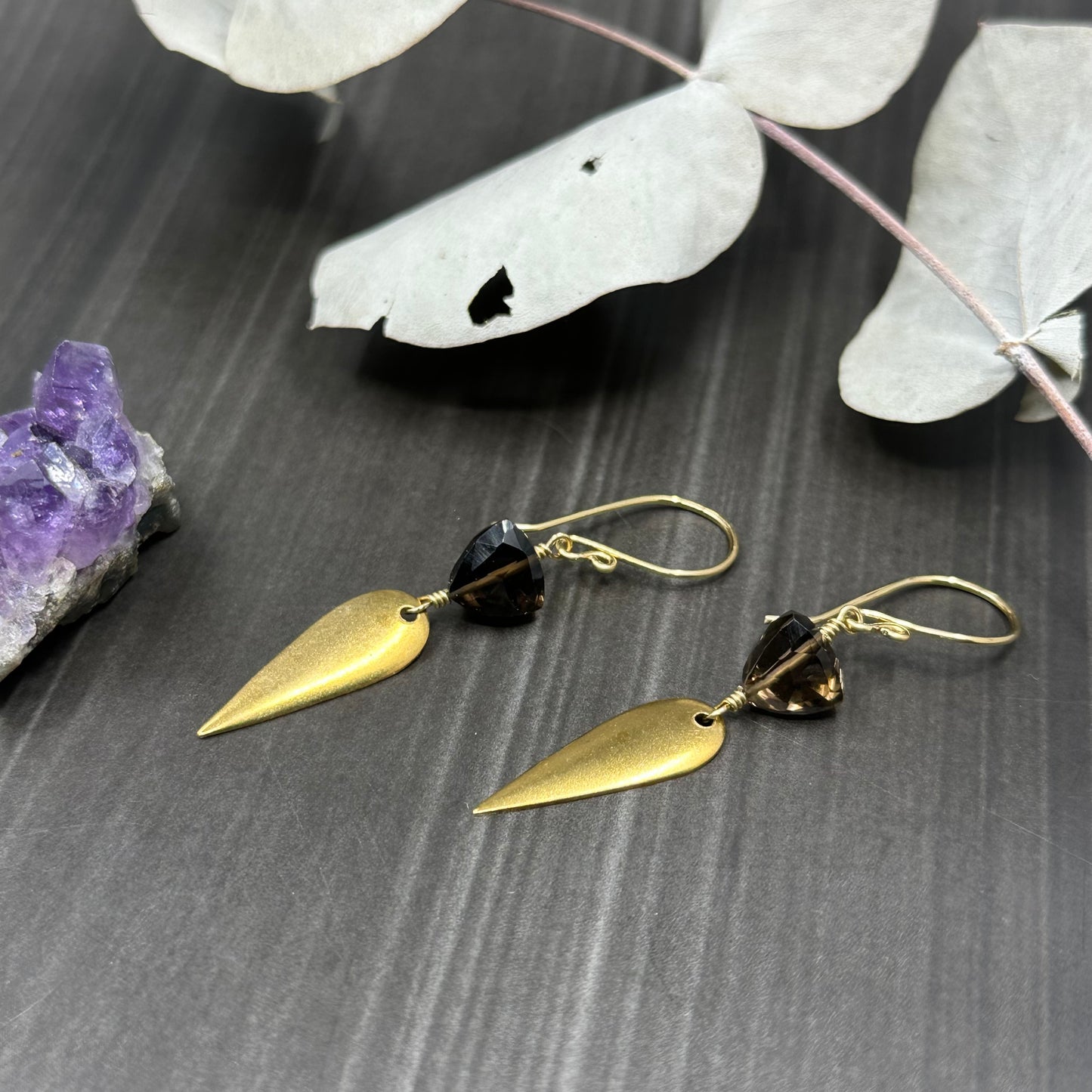 Trillion Cut Smoky Quartz and Red Brass Earrings