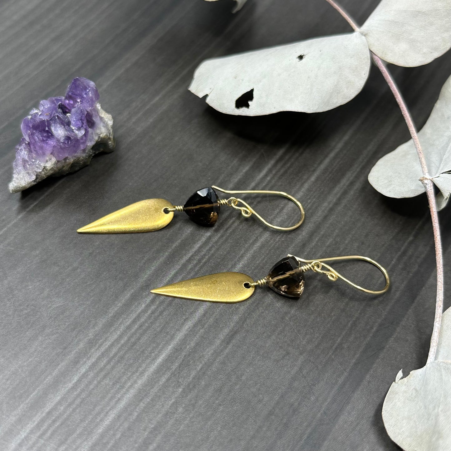 Trillion Cut Smoky Quartz and Red Brass Earrings