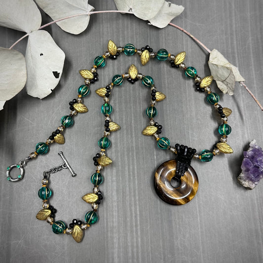 Floral Lace necklace with glass, tiger eye, and black tourmaline