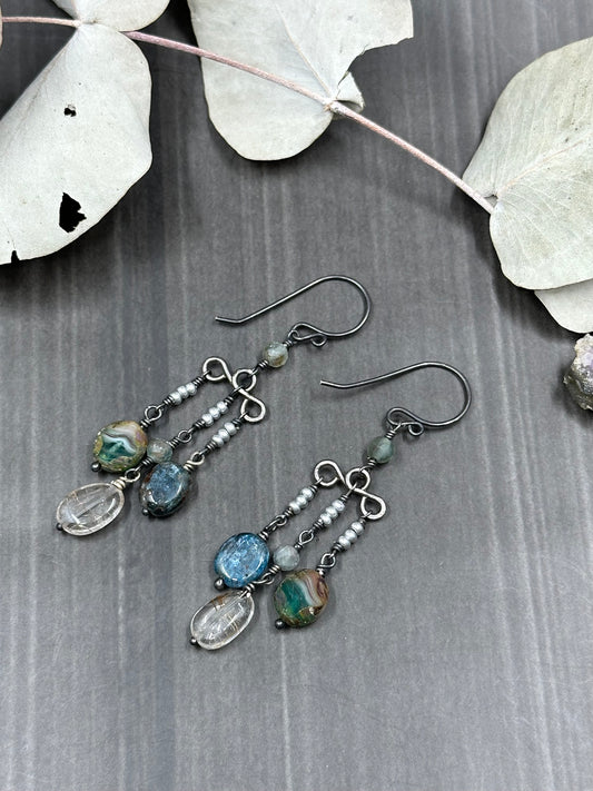 Ocean Colored Sterling Silver Earrings with Gems and Glass
