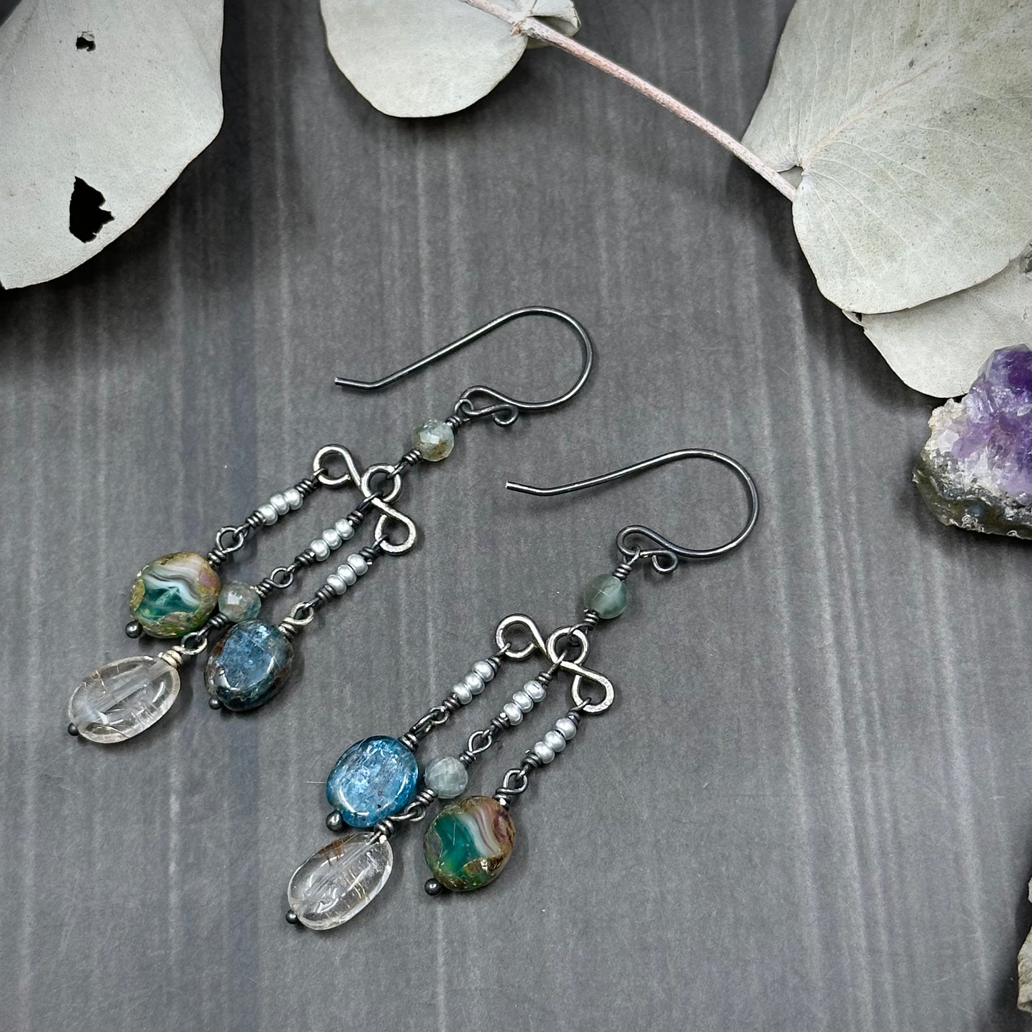 Ocean Colored Sterling Silver Earrings with Gems and Glass