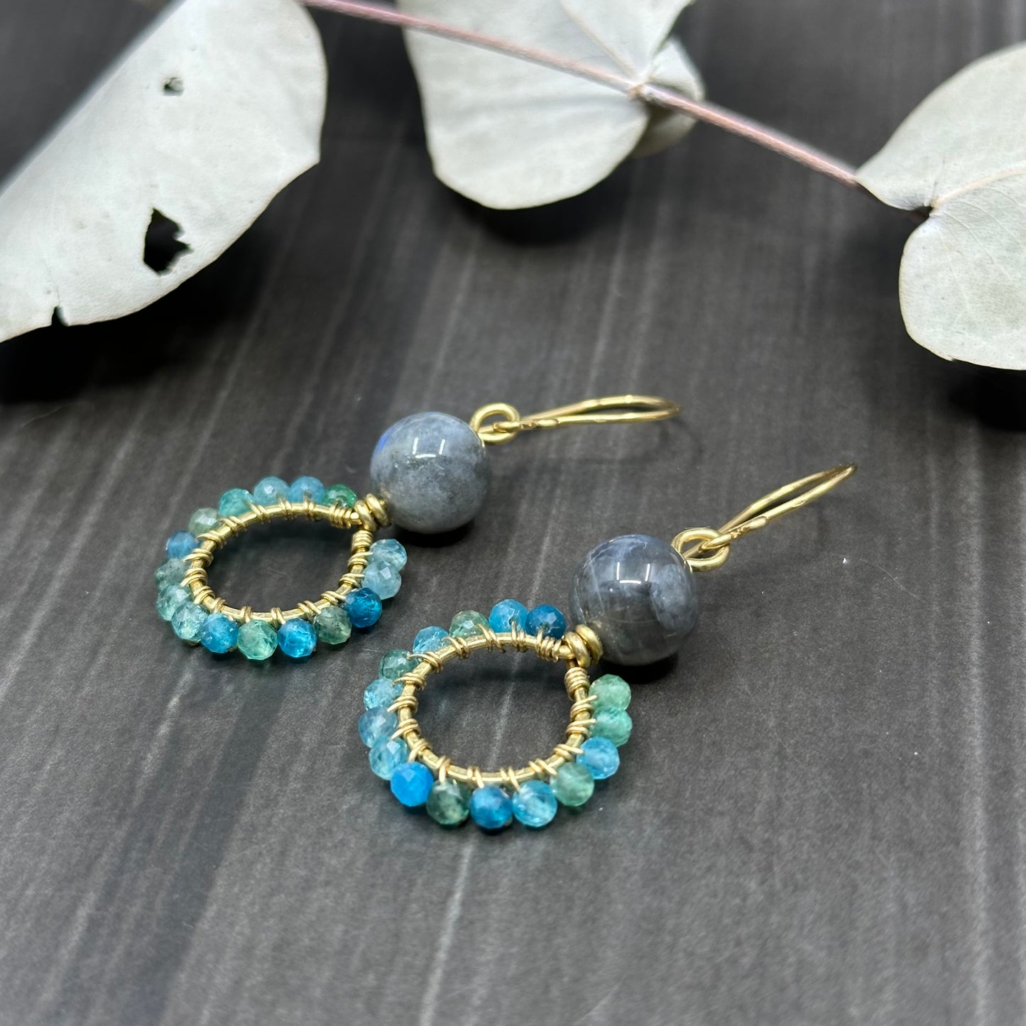 Labradorite and Apatite Earrings in Brass