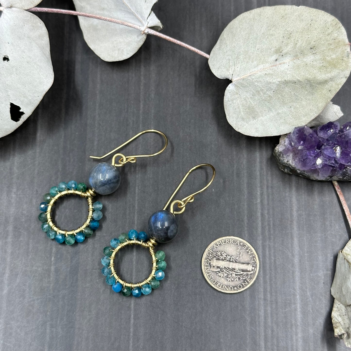 Labradorite and Apatite Earrings in Brass