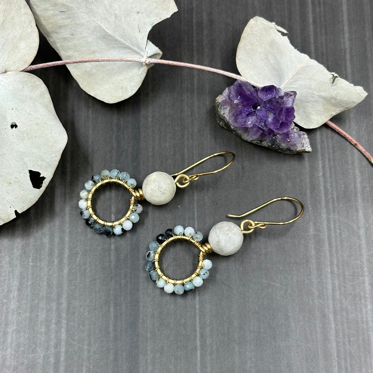 Brass, Aquamarine, and Snow Quartz hoop earrings