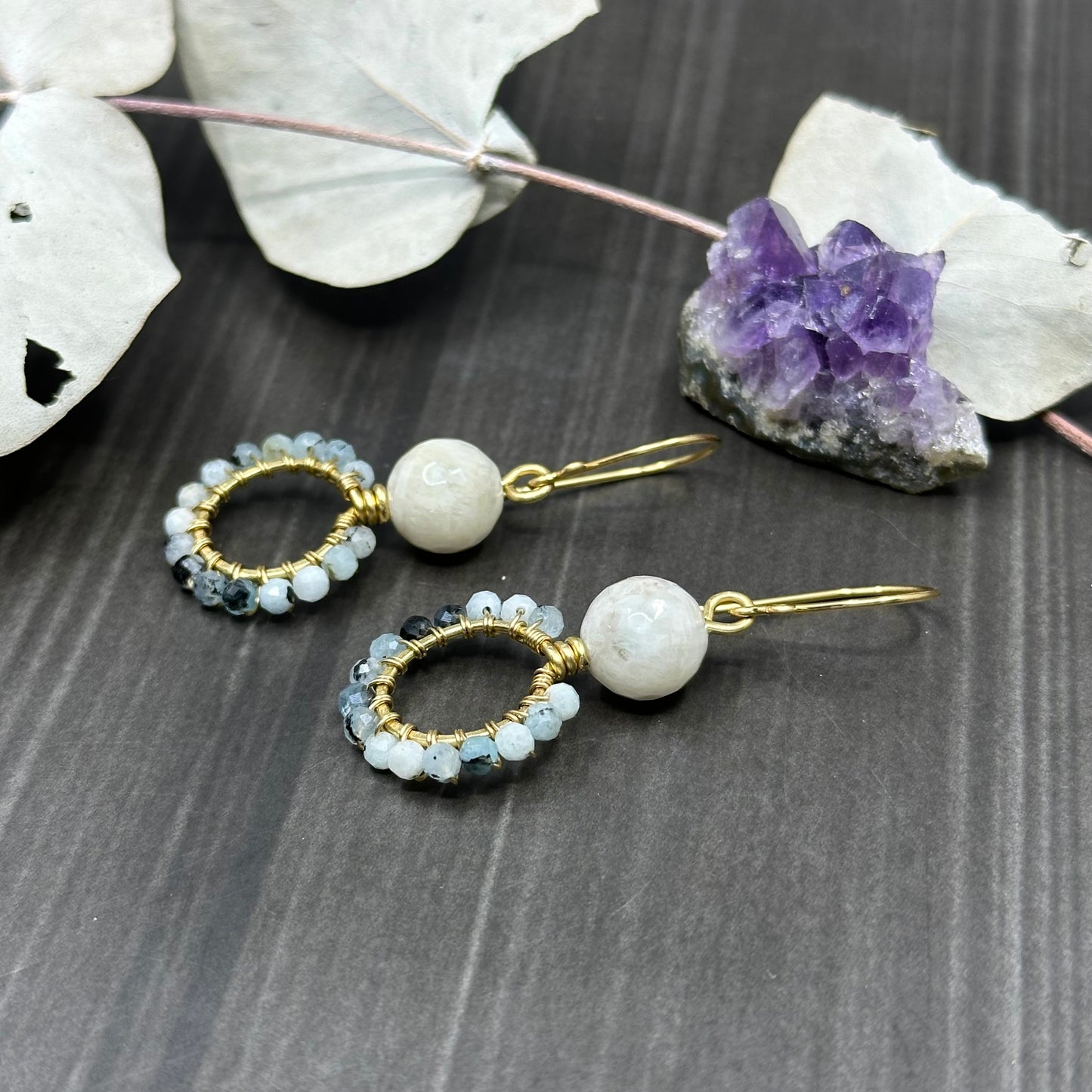 Brass, Aquamarine, and Snow Quartz hoop earrings