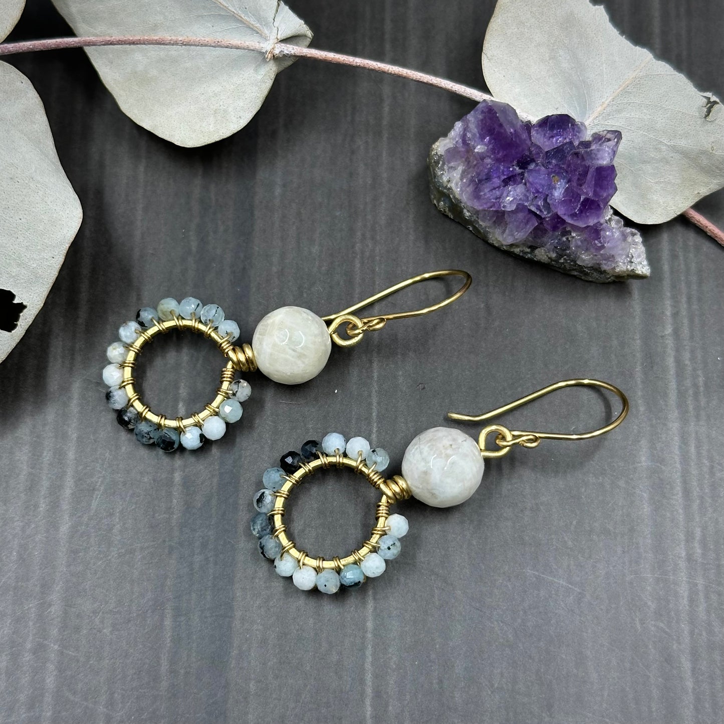 Brass, Aquamarine, and Snow Quartz hoop earrings