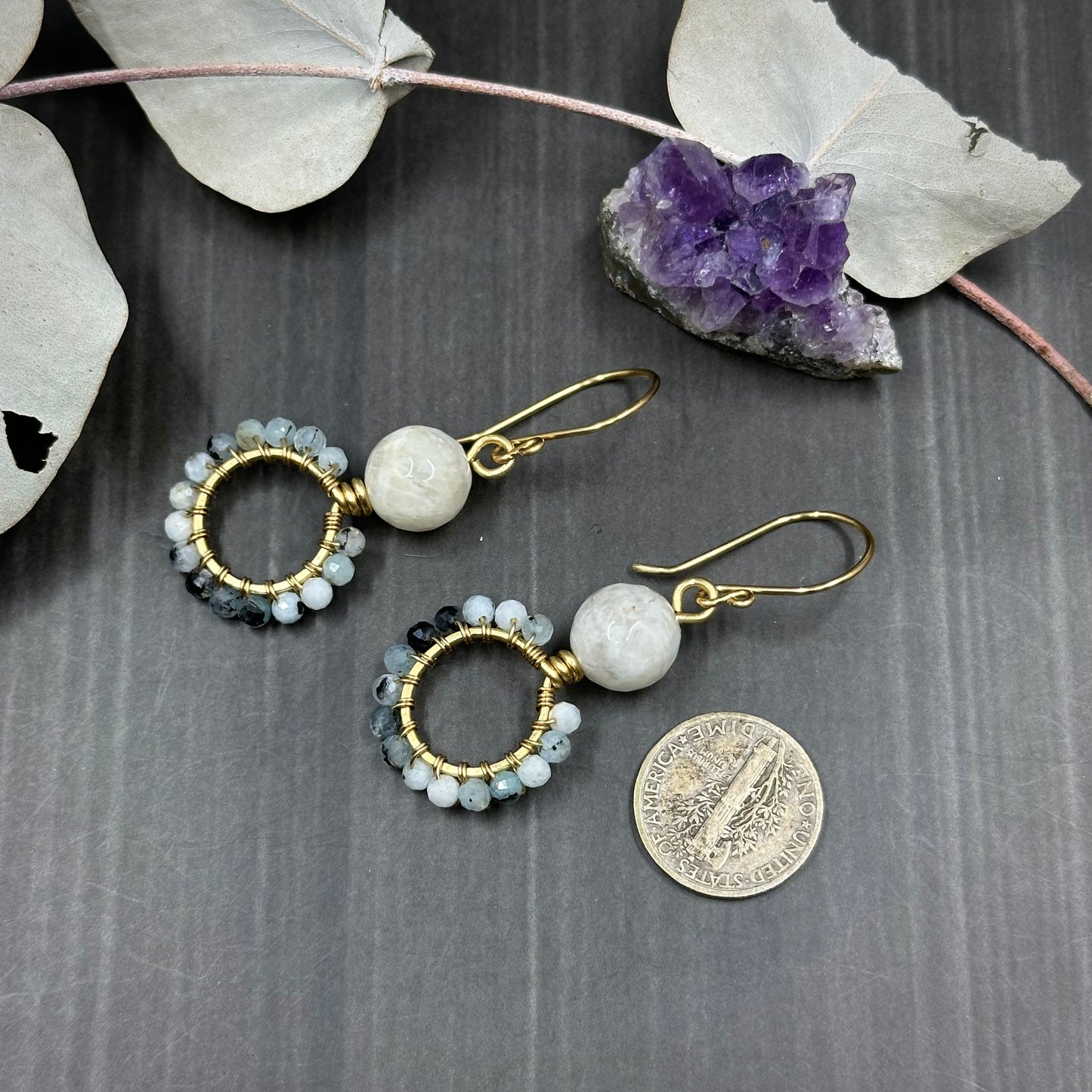 Brass, Aquamarine, and Snow Quartz hoop earrings