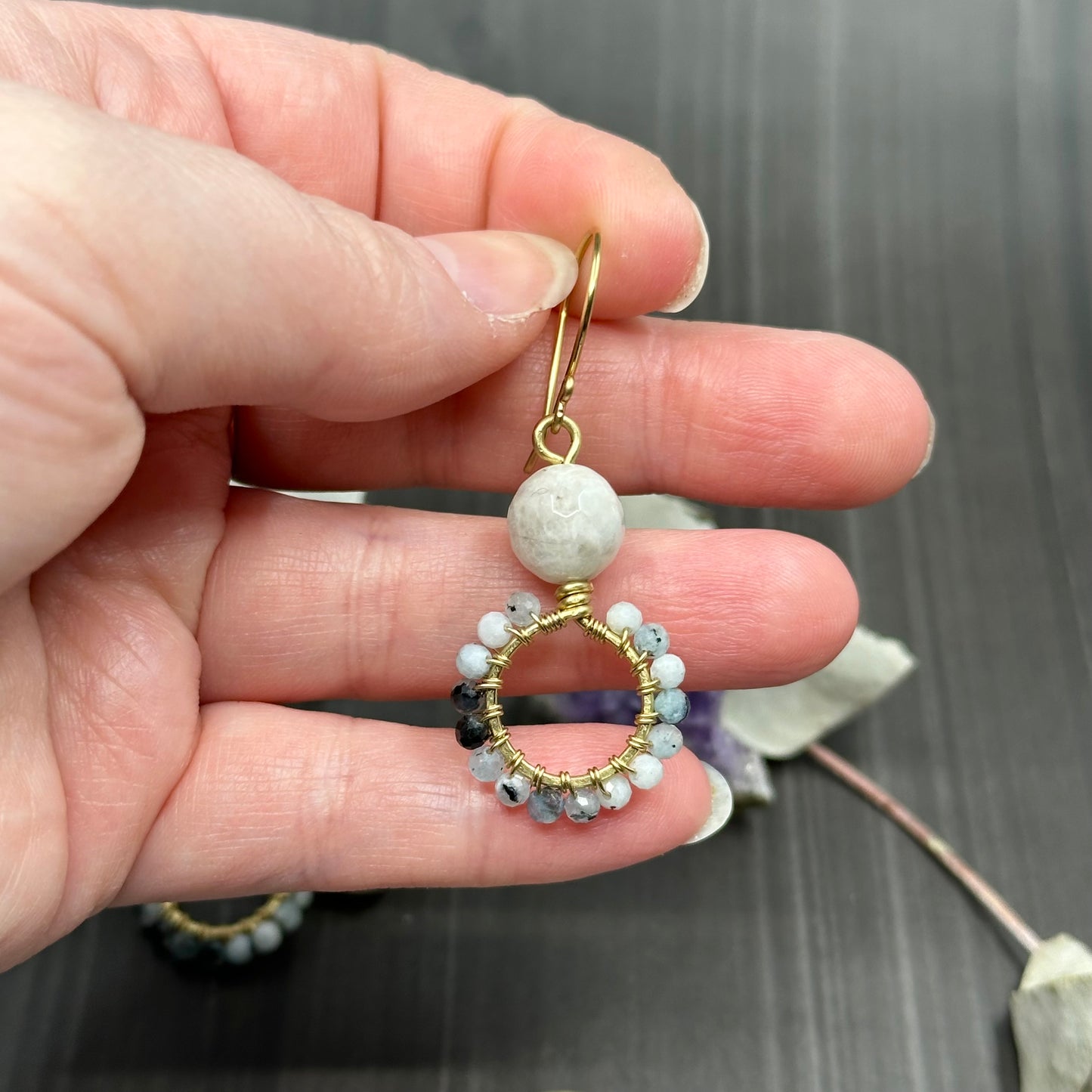 Brass, Aquamarine, and Snow Quartz hoop earrings