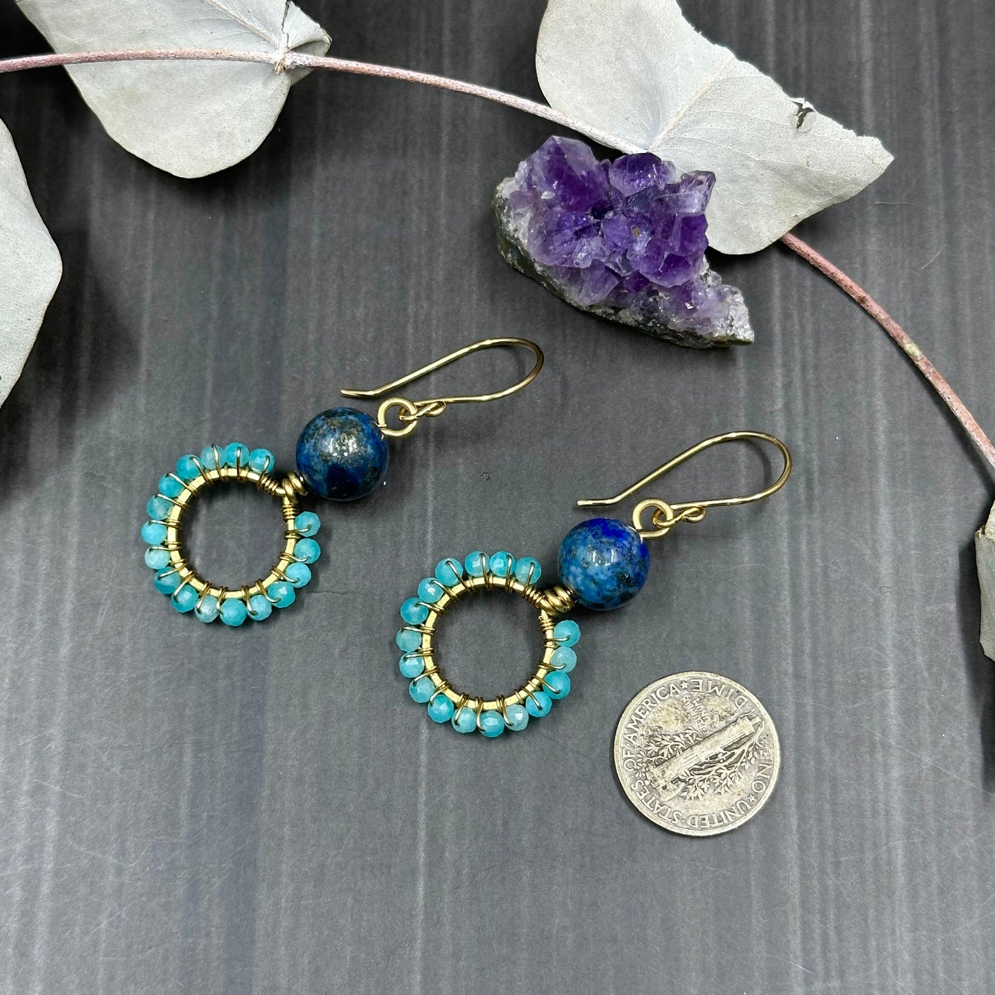 Brass, Lapis, and amazonite hoop earrings