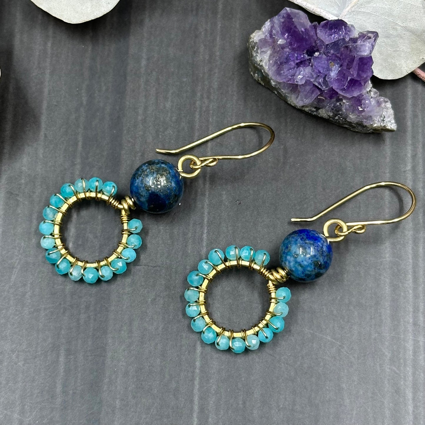 Brass, Lapis, and amazonite hoop earrings