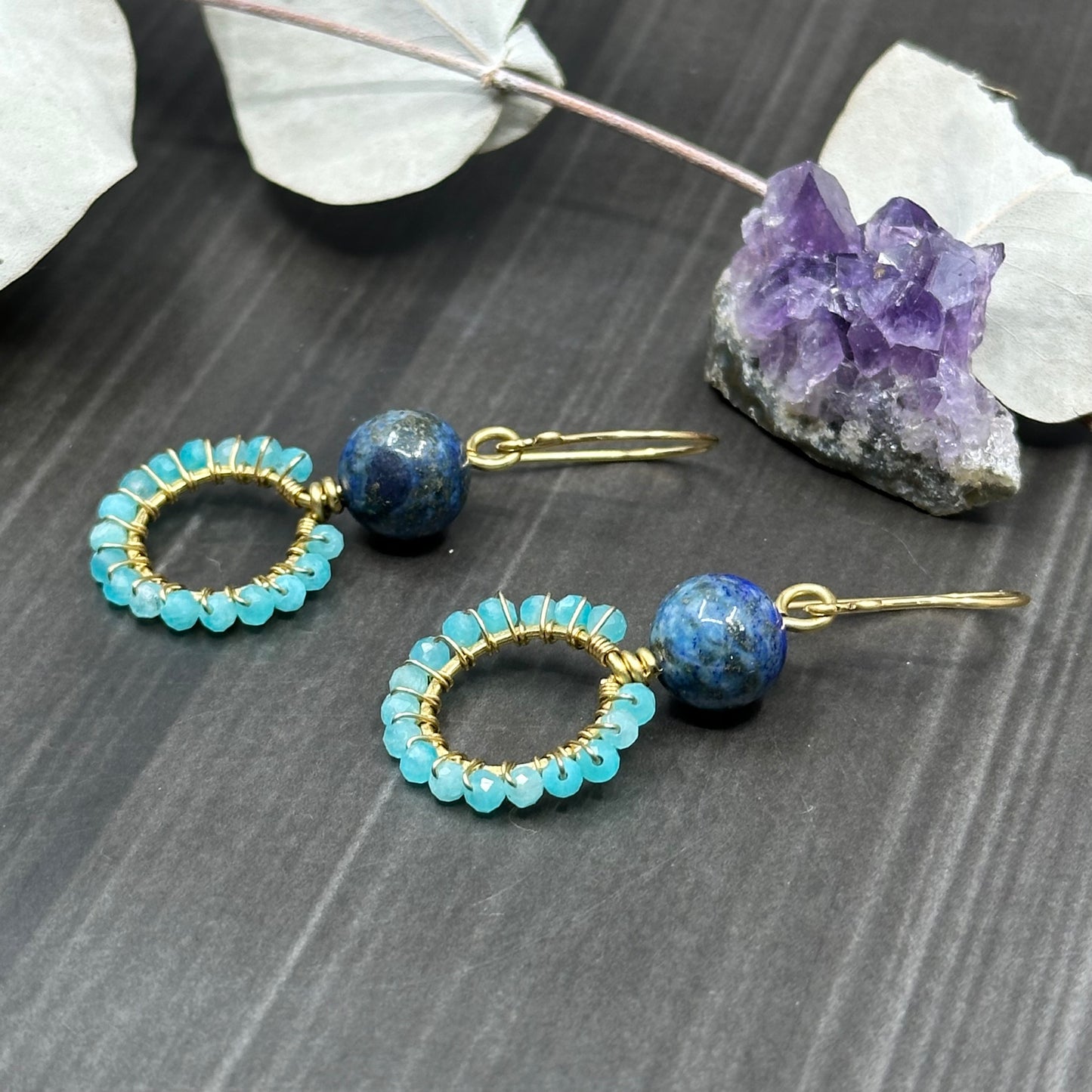 Brass, Lapis, and amazonite hoop earrings