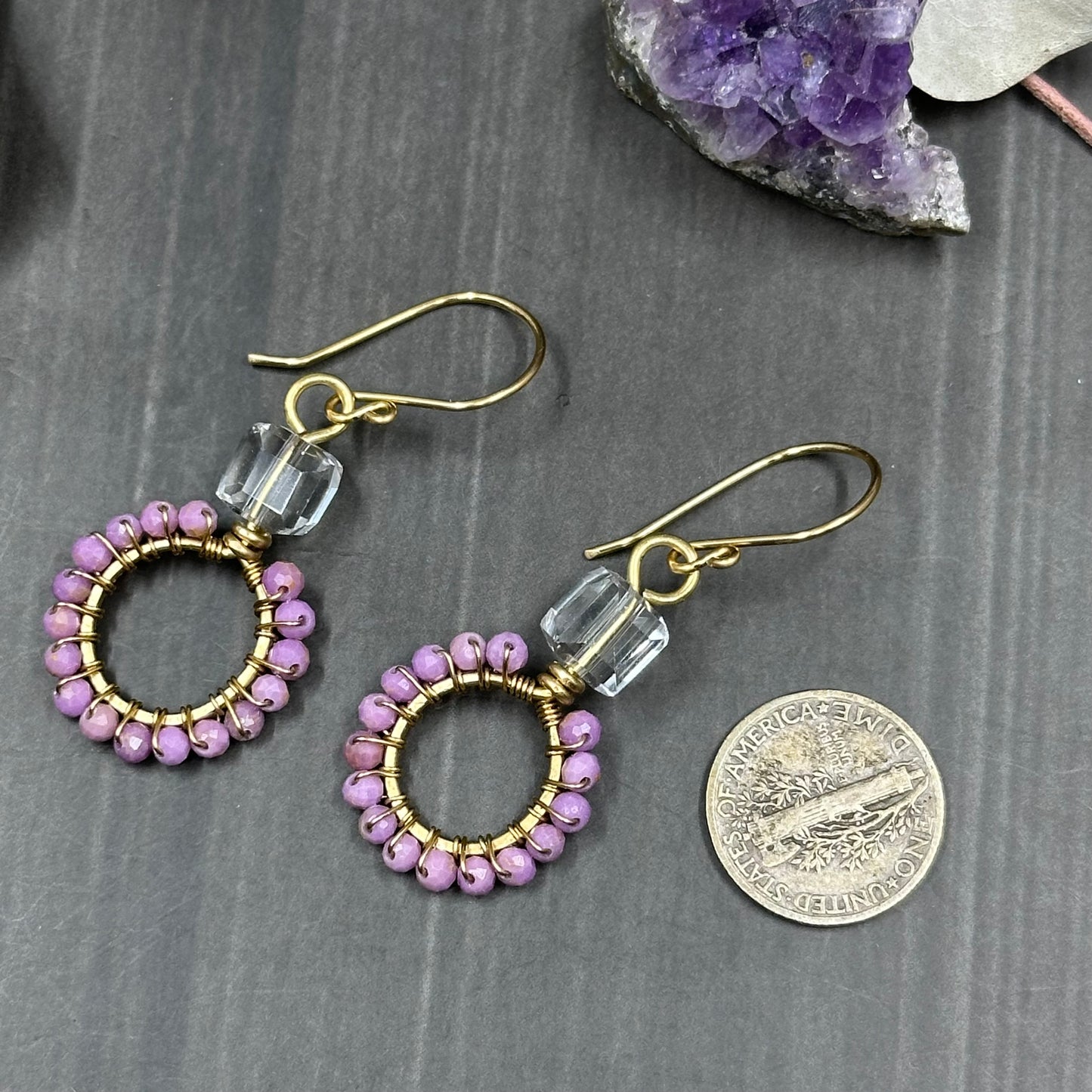 Brass, Phosphiderite, and Quartz Hoop Earrings