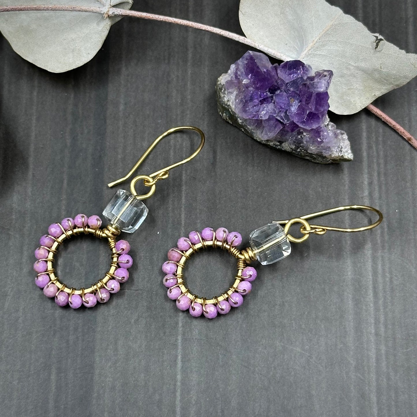 Brass, Phosphiderite, and Quartz Hoop Earrings