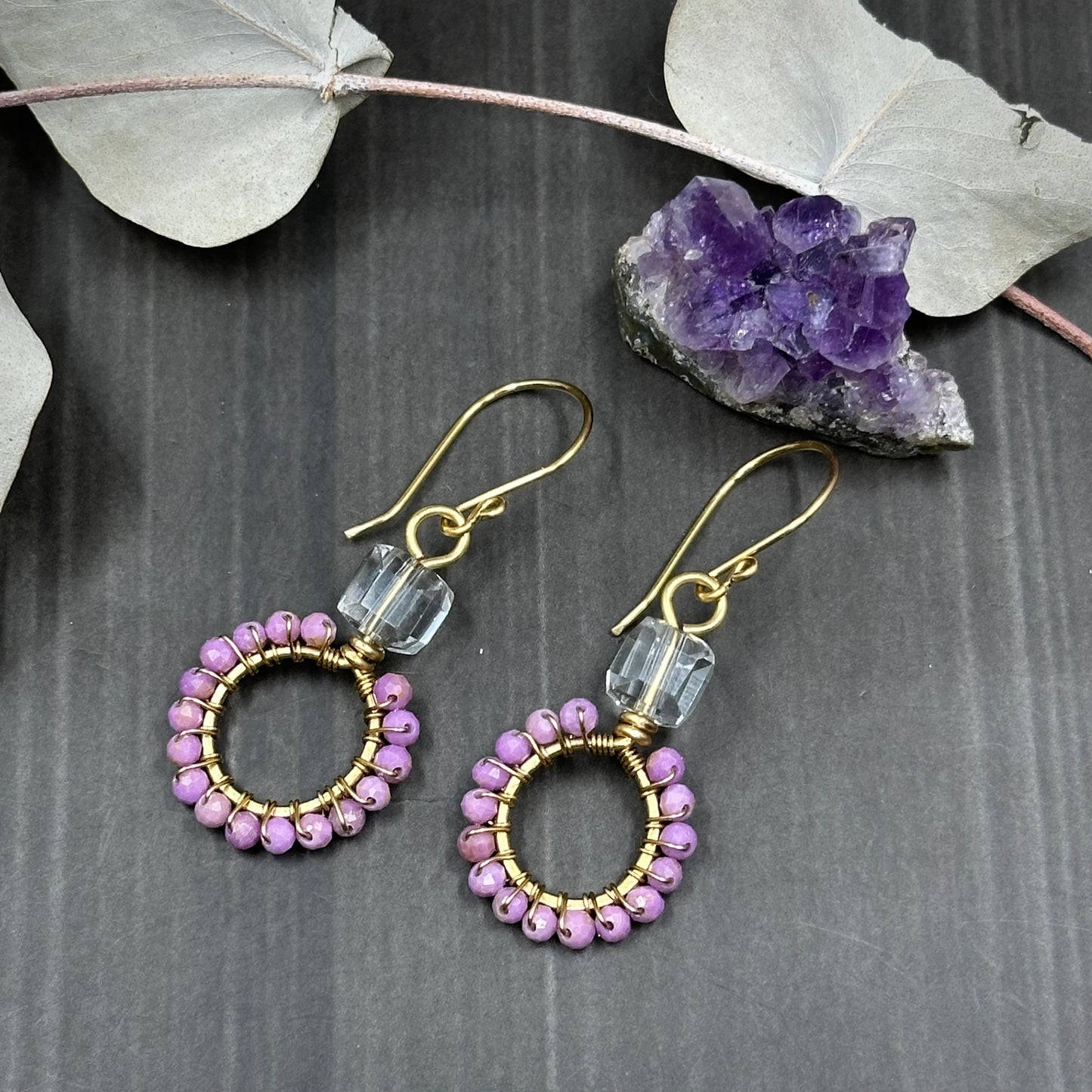 Brass, Phosphiderite, and Quartz Hoop Earrings