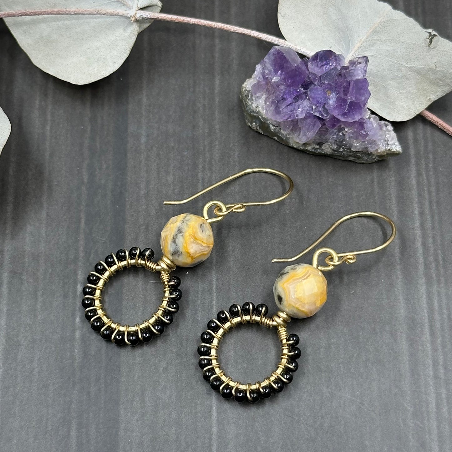 Brass, Crazy Lace Agate, and black Onyx hoop earrings