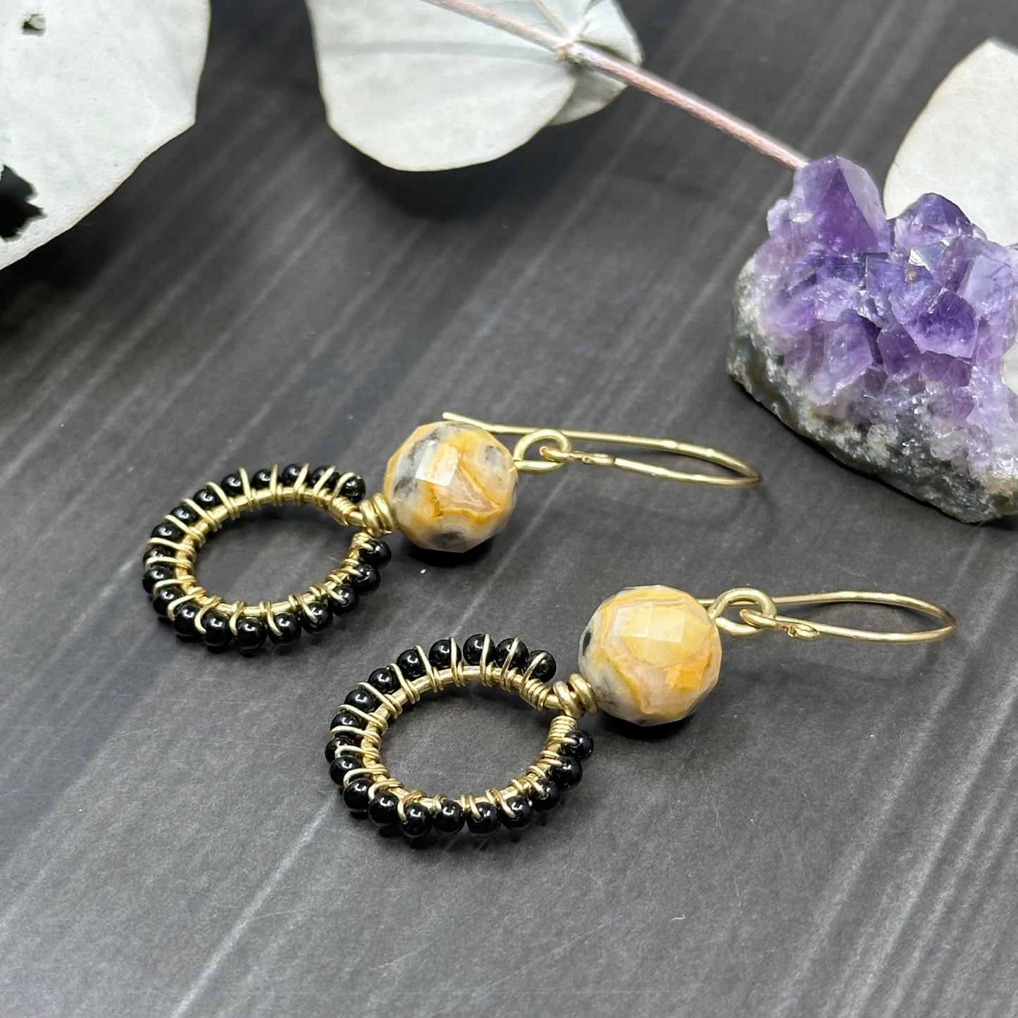 Brass, Crazy Lace Agate, and black Onyx hoop earrings