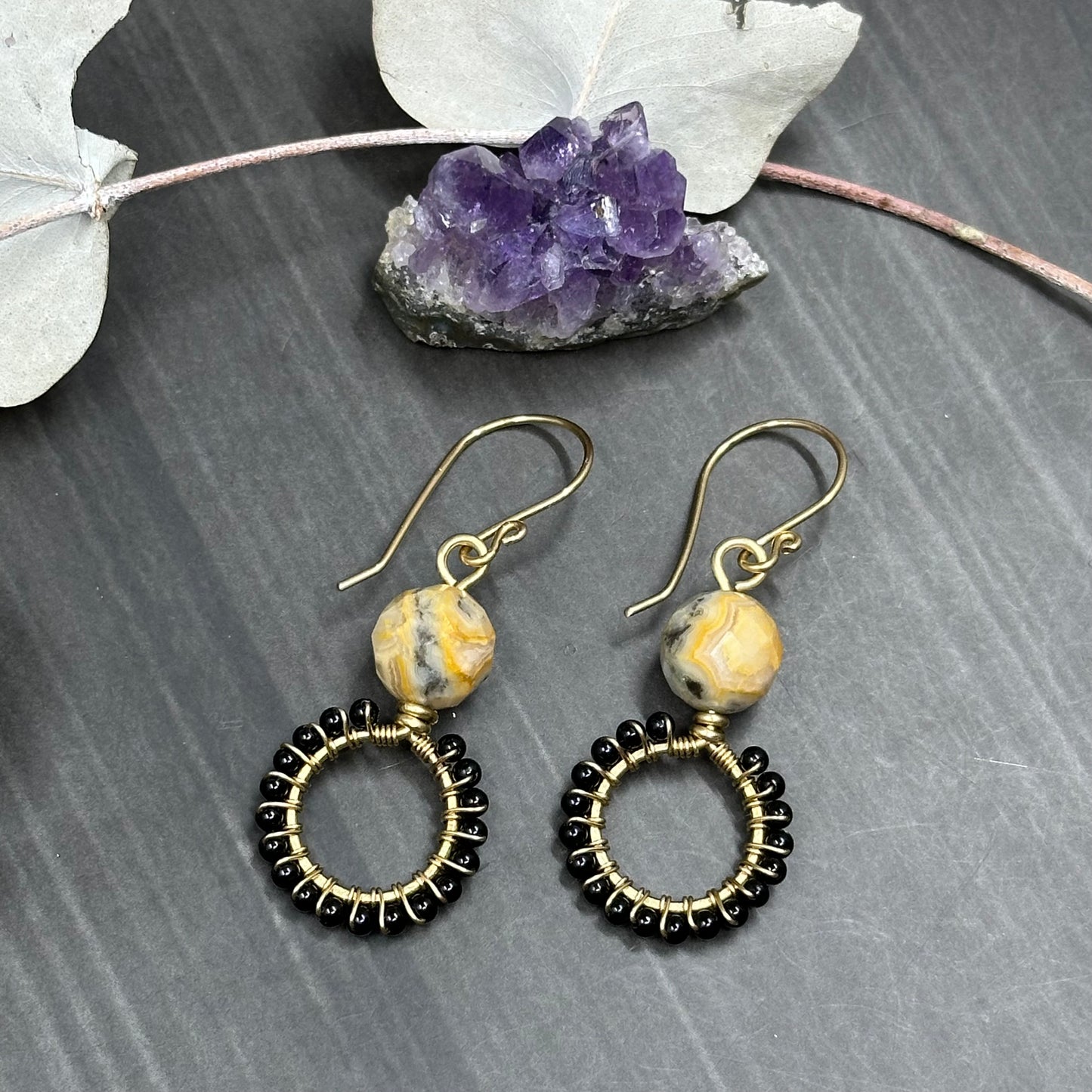 Brass, Crazy Lace Agate, and black Onyx hoop earrings