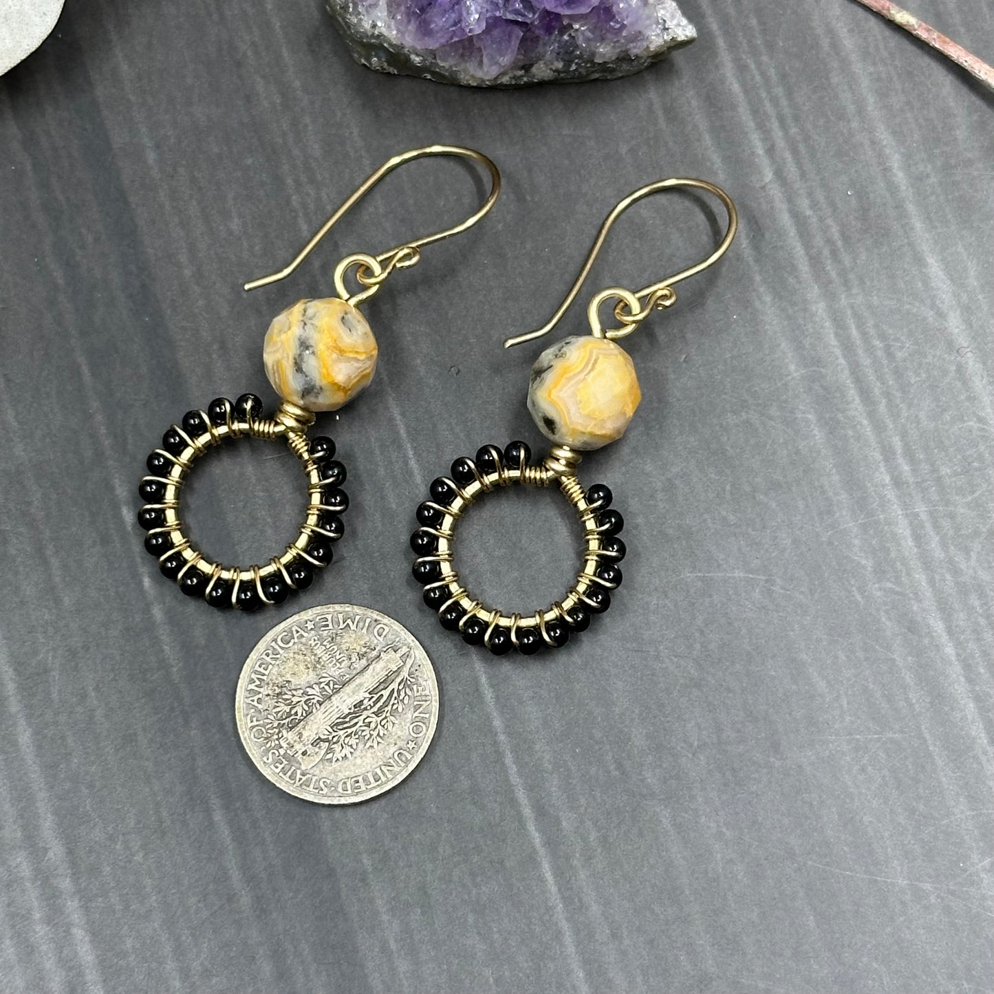 Brass, Crazy Lace Agate, and black Onyx hoop earrings