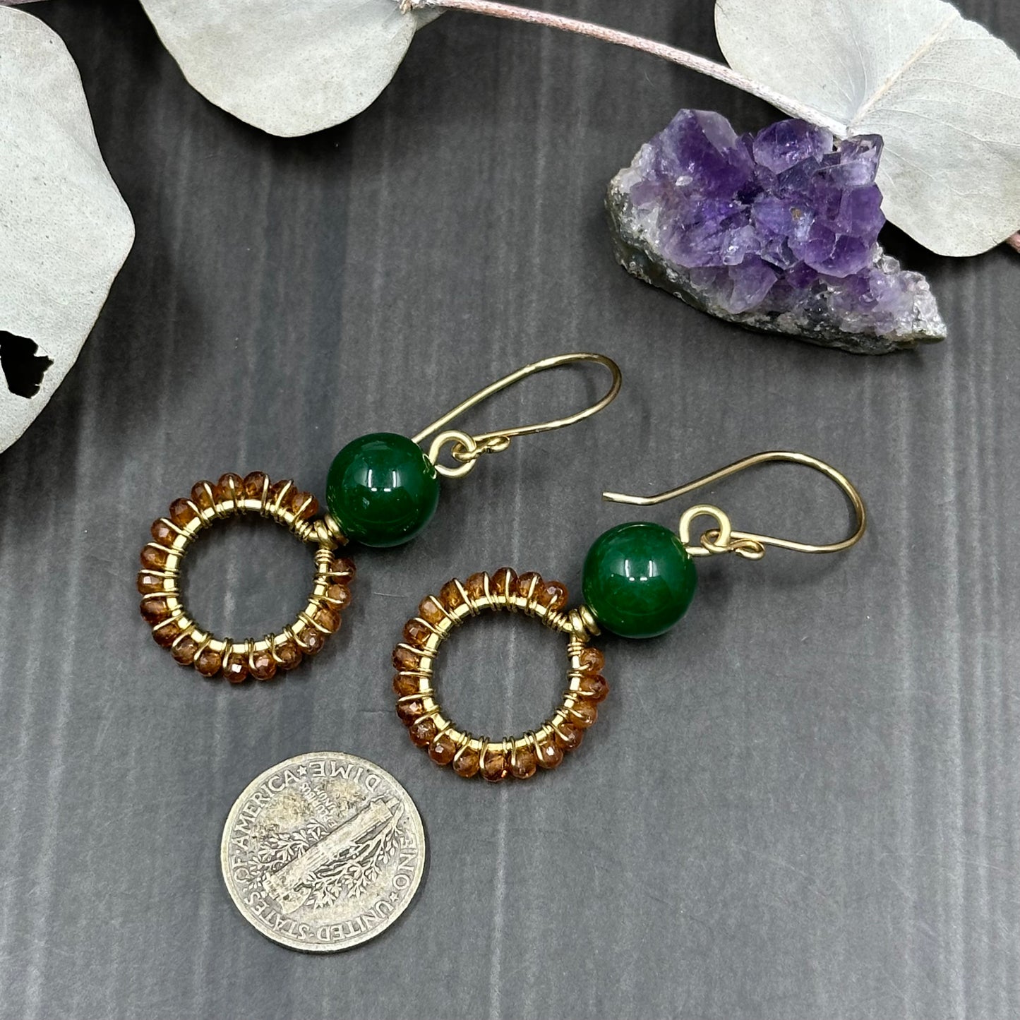 Brass, Jade, and Hessonite Garnet Hoop Earrings