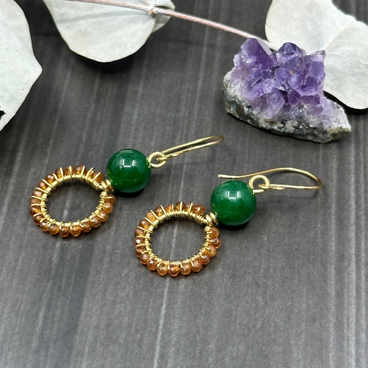 Brass, Jade, and Hessonite Garnet Hoop Earrings