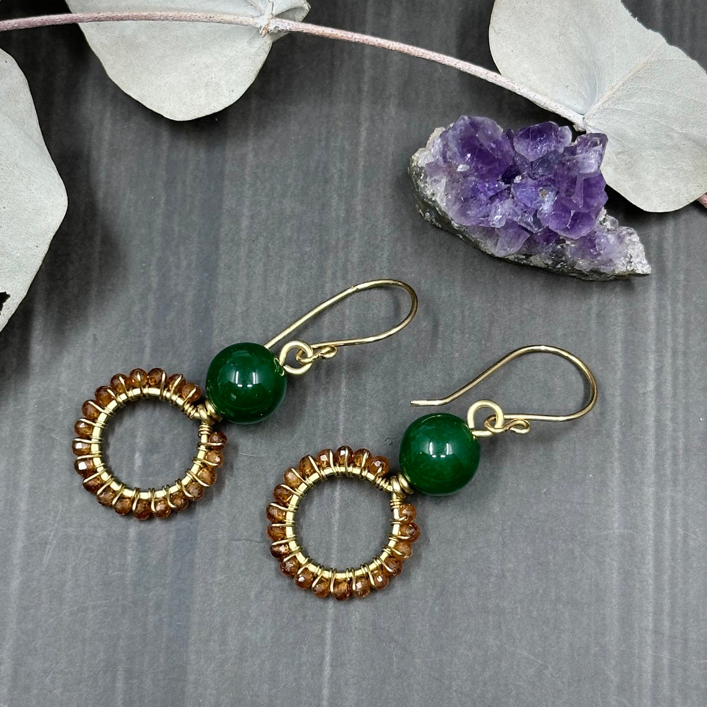 Brass, Jade, and Hessonite Garnet Hoop Earrings