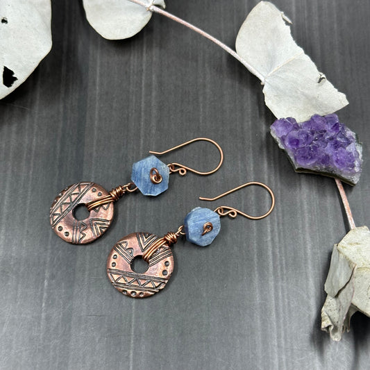 Blue Kyanite Roses and Greek metal donut earrings in copper