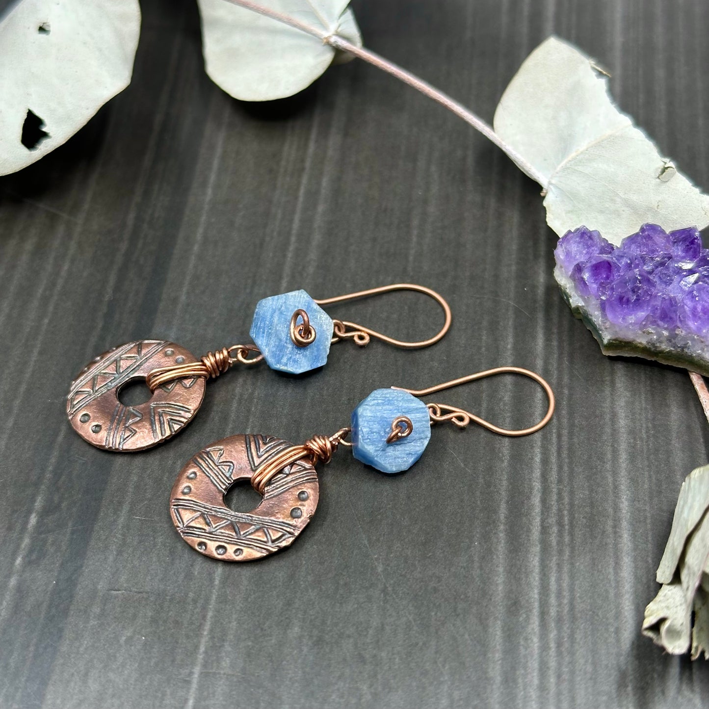 Blue Kyanite Roses and Greek metal donut earrings in copper